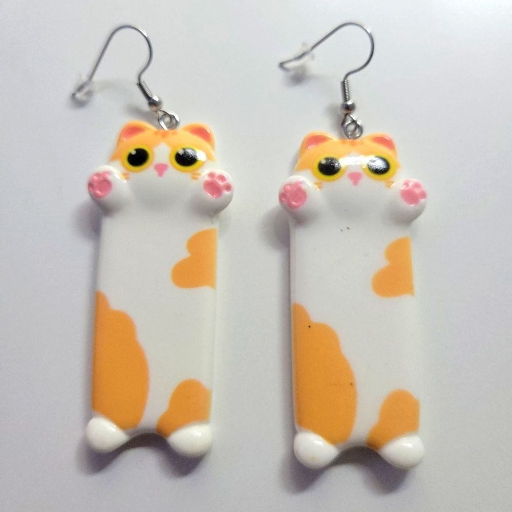 NWT Cat Lady Cute Long Cat Earrings White Orange Kitty Pink Paws Hypoallergenic